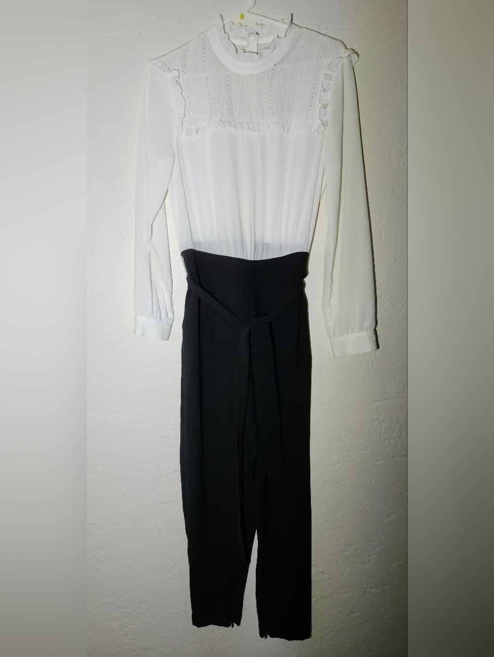 Avec Les Filles White Lace-Yoke Long-Sleeve Black Waist-Tie Jumpsuit